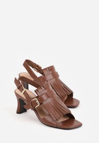 Renee - Brązowe Sandały na Słupku z Frędzlami z Przodu Cahriana. Okazja: na co dzień. Kolor: brązowy. Materiał: jeans. Obcas: na słupku. Styl: casual #3