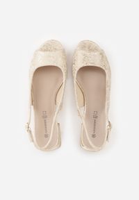 Born2be - Beżowo-Złote Sandały na Niskim Słupku z Odkrytym Noskiem i Skórzaną Wkładką Selestalise. Okazja: na spotkanie biznesowe, do pracy. Zapięcie: klamry. Kolor: beżowy. Materiał: skóra. Obcas: na słupku. Styl: biznesowy #4