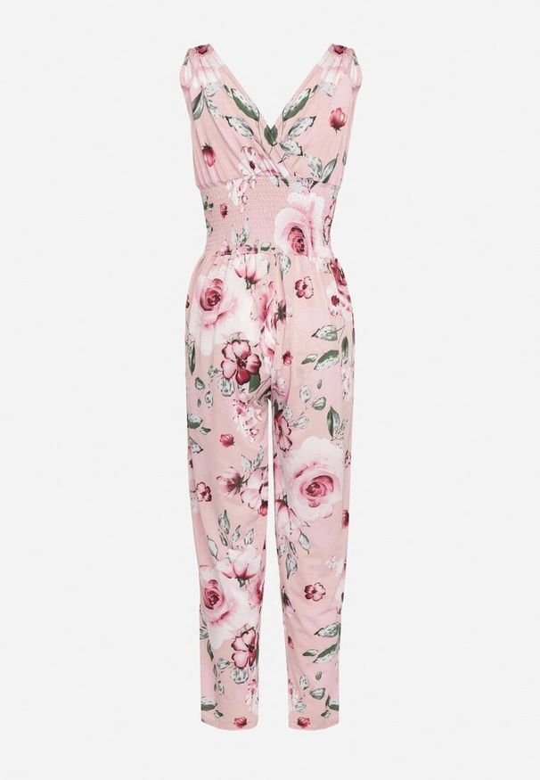 Born2be - Różowy Kombinezon w Kwiaty Wykończony Troczkami z Gumką w Talii Jalivia. Okazja: na co dzień. Kolor: różowy. Długość rękawa: na ramiączkach. Wzór: kwiaty. Sezon: wiosna, lato. Styl: elegancki, casual