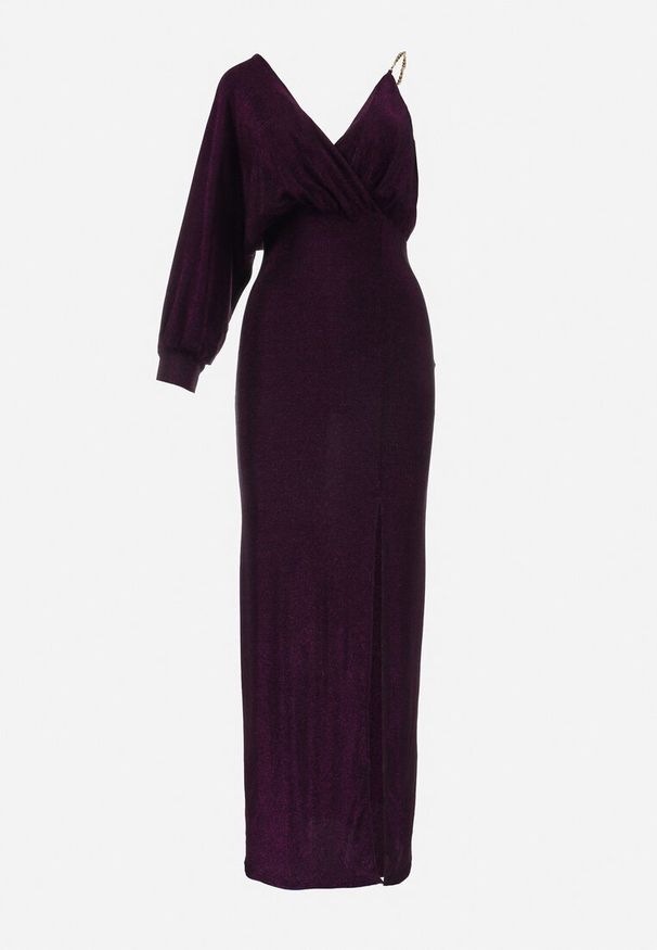 Born2be - Fioletowa Błyszcząca Asymetryczna Sukienka Maxi z Rozcięciem i Kopertowym Dekoltem Aknasa. Kolor: fioletowy. Materiał: materiał. Typ sukienki: asymetryczne, kopertowe. Długość: maxi