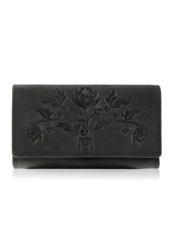 PAOLO PERUZZI - Portfel damski skórzany Paolo Peruzzi czarny T-05. Kolor: czarny. Wzór: kwiaty