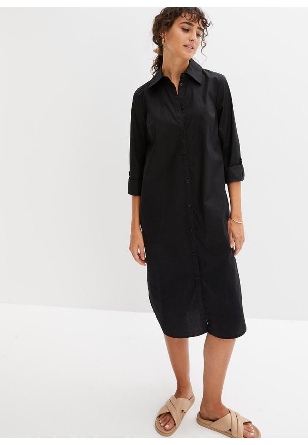 bonprix - Sukienka szmizjerka z bawełnianej popeliny. Kolor: czarny. Materiał: bawełna. Sezon: lato. Typ sukienki: szmizjerki
