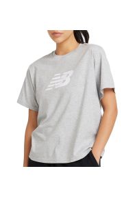Koszulka damska New Balance WT43583AG - szara. Kolor: szary. Materiał: bawełna. Długość rękawa: krótki rękaw. Długość: krótkie #1