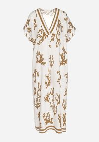 Born2be - Brązowo-Beżowa Sukienka z Lnem i Wiskozą o Pudełkowym Kroju Sadirene. Okazja: na co dzień, na spotkanie biznesowe. Kolor: brązowy. Materiał: len, wiskoza. Wzór: kwiaty. Sezon: wiosna, lato. Styl: biznesowy, casual, elegancki #6