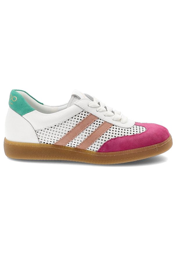 Sneakersy damskie Armodo, cholewka ze skóry naturalnej zamszowej z perforowanymi panelami klasyczne sznurowanie niska stabilna podeszwa zapewniająca. Okazja: na co dzień. Zapięcie: sznurówki. Kolor: biały. Materiał: zamsz, skóra. Szerokość cholewki: normalna. Wzór: kolorowy, ażurowy. Styl: klasyczny