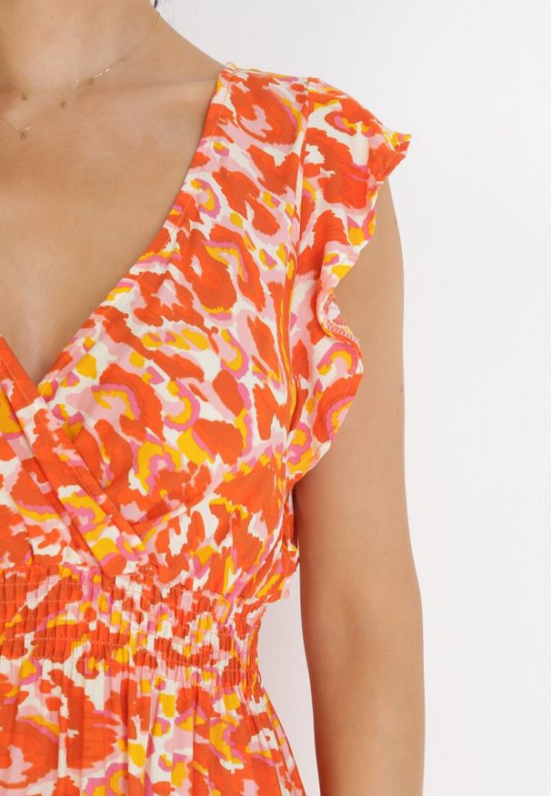 Born2be - Pomarańczowa Sukienka z Wiskozy i Gumką w Talii Azreve. Kolor: pomarańczowy. Materiał: wiskoza. Długość rękawa: bez rękawów. Wzór: nadruk, kwiaty. Długość: mini