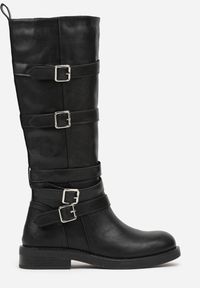 Born2be - Czarne Kozaki Bikery Ozdobione Paskami i Kwadratowymi Klamrami Lingara. Okazja: na co dzień. Zapięcie: klamry. Kolor: czarny. Materiał: jeans. Wzór: aplikacja. Styl: casual, rockowy, klasyczny #3