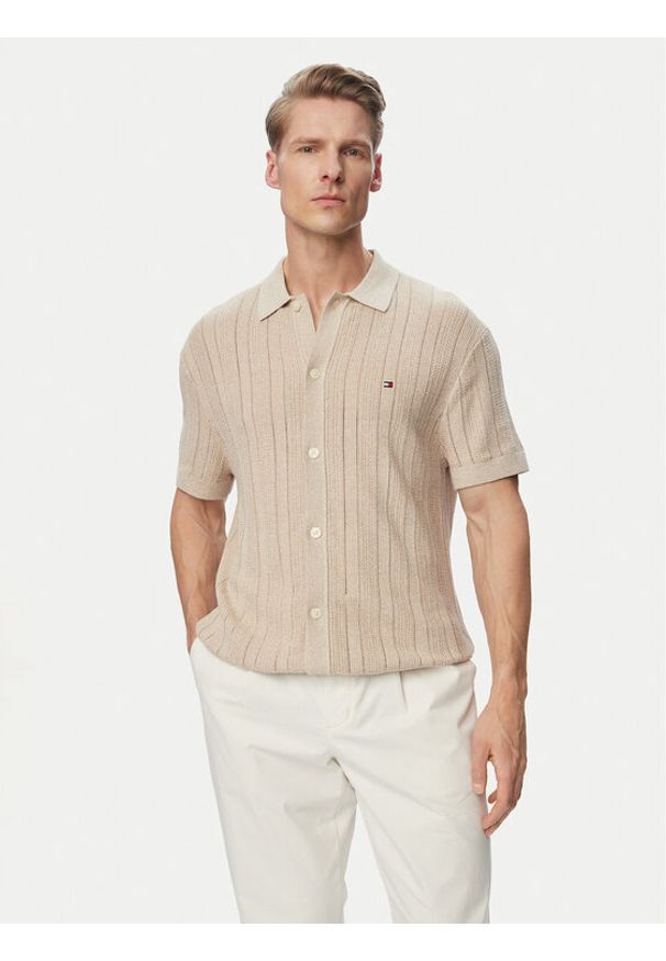 TOMMY HILFIGER - Tommy Hilfiger Koszula Pointelle MW0MW43249 Beżowy Regular Fit. Kolor: beżowy. Materiał: bawełna