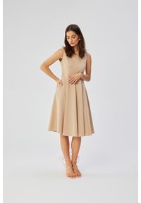 Stylove - Elegancka rozkloszowana sukienka koktajlowa beżowa. Kolor: beżowy. Styl: elegancki, wizytowy