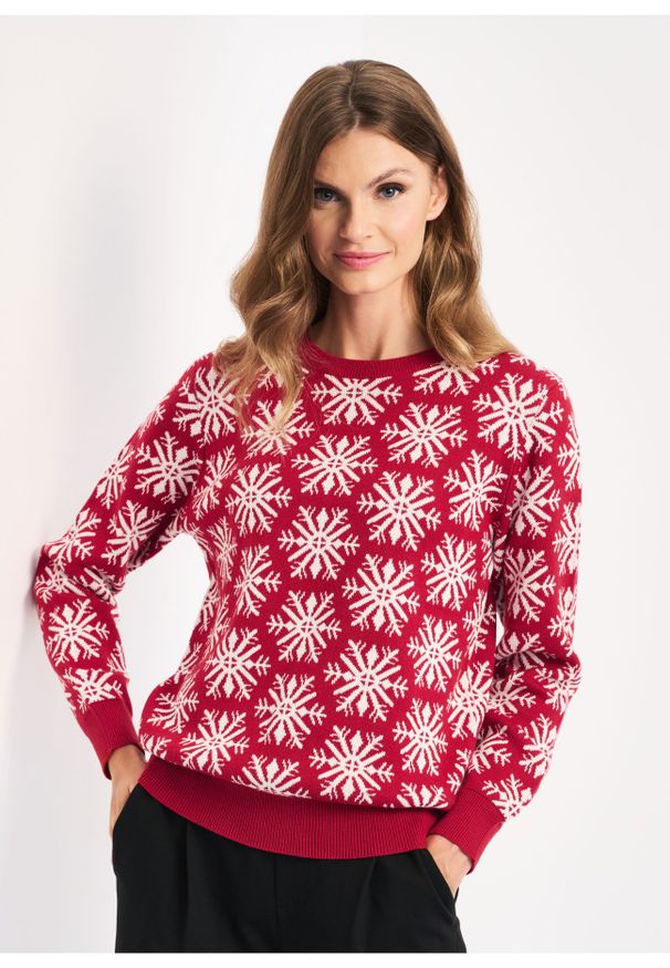 Ochnik - Czerwony sweter świąteczny damski. Okazja: na co dzień. Kolor: czerwony. Materiał: materiał. Długość: długie. Styl: wizytowy