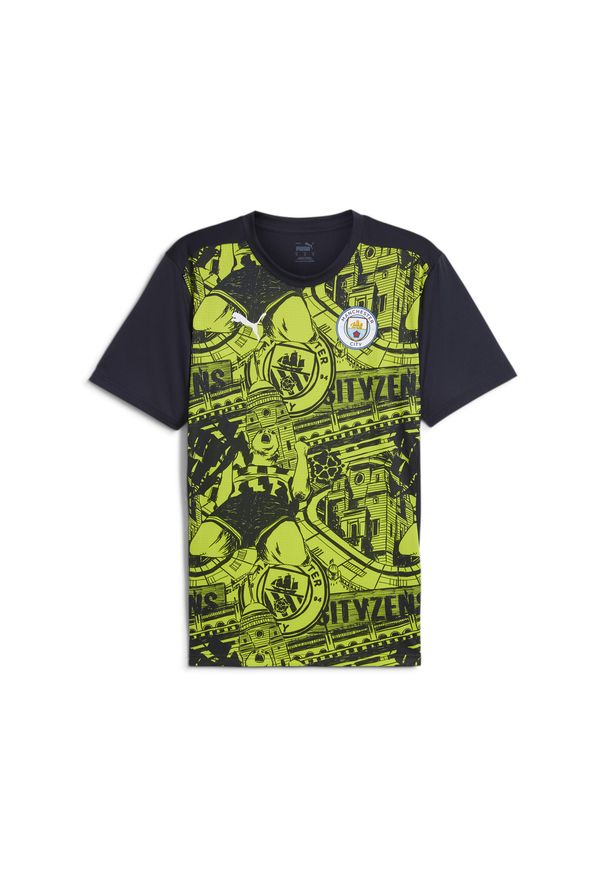 Puma - Męska koszulka przedmeczowa z krótkim rękawem Manchester City PUMA. Kolor: niebieski, wielokolorowy, żółty. Długość rękawa: krótki rękaw. Długość: krótkie. Sport: piłka nożna