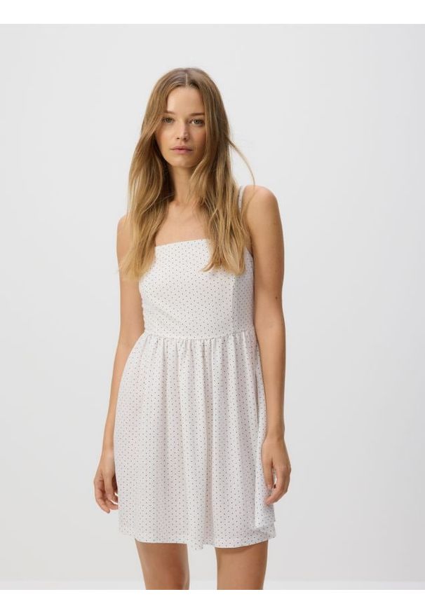 Reserved - Wzorzysta sukienka mini - złamana biel. Materiał: wiskoza, dzianina. Długość: mini