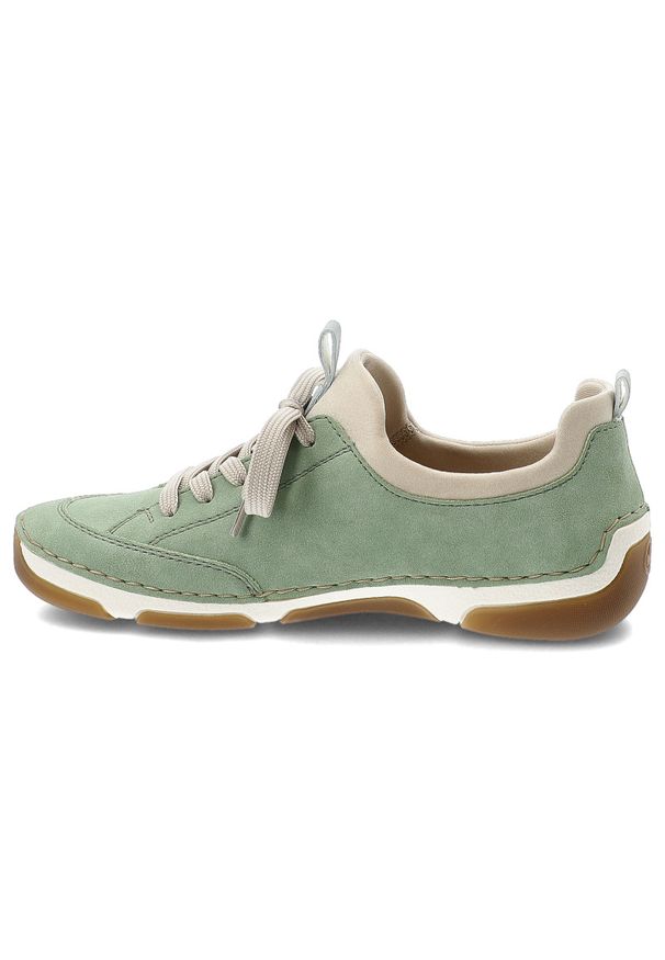 Półbuty damskie Rieker, cholewka skóra ekologiczna wsuwane niski fason zaokrąglony nosek kontrastowe elementy kolorystyczne pętla z tyłu masywna lini. Okazja: na spacer, na co dzień. Zapięcie: bez zapięcia. Kolor: zielony. Materiał: skóra ekologiczna. Szerokość cholewki: normalna. Styl: casual, elegancki, sportowy, klasyczny