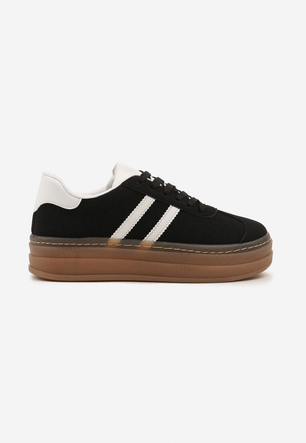Renee - Czarne Sneakersy na Tłoczonej Platformie Ozdobione Paskami Felainora. Okazja: na co dzień, na spacer. Zapięcie: pasek. Kolor: czarny. Wzór: aplikacja. Obcas: na platformie. Sport: turystyka piesza