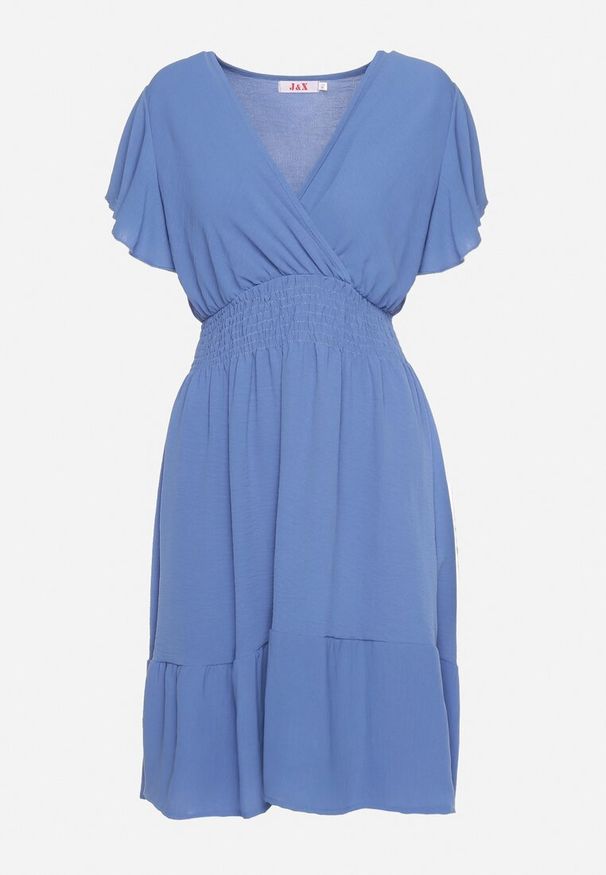 Born2be - Niebieska Sukienka Mini z Gumką w Pasie i Falbanką Senait. Kolor: niebieski. Długość: mini