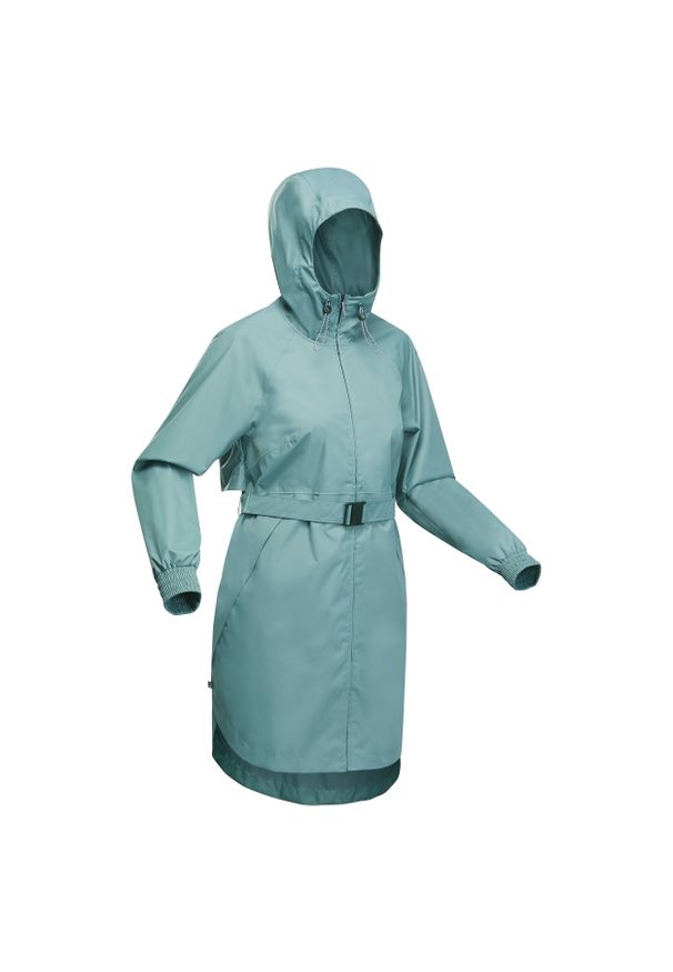 quechua - Kurtka turystyczna damska długa Quechua Raincut wodoodporna. Kolor: zielony. Długość: długie. Sport: turystyka piesza, wspinaczka