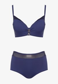 Born2be - Granatowe Bikini Biustonosz z Metaliczną Aplikacją i Majtki Figi Iffonavia. Kolor: niebieski. Materiał: len. Wzór: aplikacja