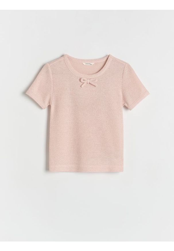 Reserved - T-shirt z kokardką - pastelowy róż. Typ kołnierza: kokarda. Kolor: różowy. Materiał: dzianina, wiskoza