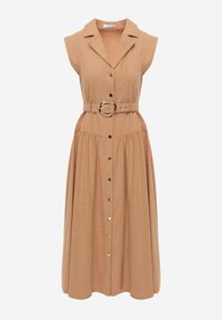Born2be - Beżowa Koszulowa Sukienka Bez Rękawów z Wiskozy i Bawełny z Paskiem Suranon. Okazja: na co dzień. Kolor: beżowy. Materiał: wiskoza, bawełna. Długość rękawa: bez rękawów. Sezon: wiosna, lato. Typ sukienki: koszulowe. Styl: casual, elegancki, klasyczny #2