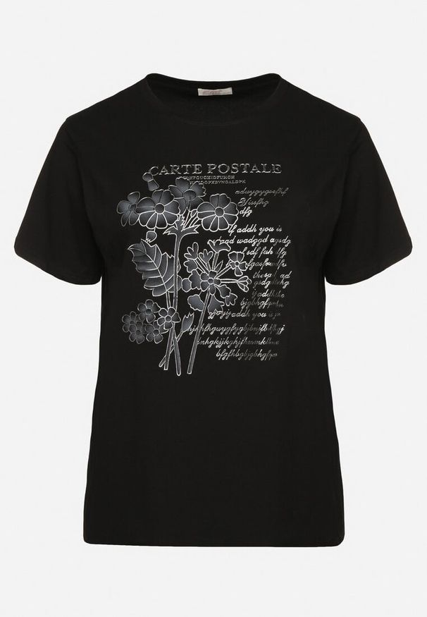 Born2be - Czarny T-shirt z Bawełny z Metalicznym Nadrukiem Olianea. Okazja: na co dzień. Kolor: czarny. Materiał: bawełna. Wzór: nadruk. Styl: klasyczny, casual