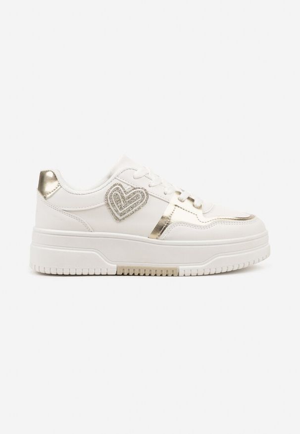 Renee - Białe Sneakersy z Brokatową Naszywką w Kształcie Serca Avioneria. Nosek buta: okrągły. Zapięcie: sznurówki. Kolor: biały. Materiał: materiał. Wzór: aplikacja. Obcas: na obcasie. Wysokość obcasa: niski