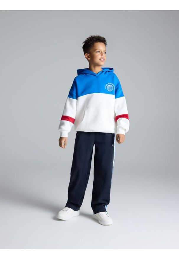 Reserved - Spodnie straight z lampasami - granatowy. Kolor: niebieski. Materiał: dzianina, bawełna