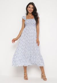 Born2be - Niebieska Rozkloszowana Sukienka Maxi na Szerokich Ramiączkach z Falbankami Trentia. Typ kołnierza: kołnierz z falbankami. Kolor: niebieski. Długość rękawa: na ramiączkach. Długość: maxi #1