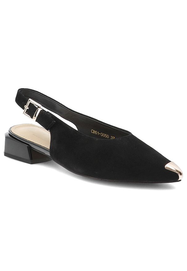 Czółenka damskie S.Barski, cholewka ze skóry naturalnej zamszowej elegancki fason slingback niski stabilny obcas, czarne, CR61-3050. Kolor: czarny. Materiał: skóra, zamsz. Szerokość cholewki: normalna. Obcas: na obcasie. Styl: elegancki. Wysokość obcasa: średni