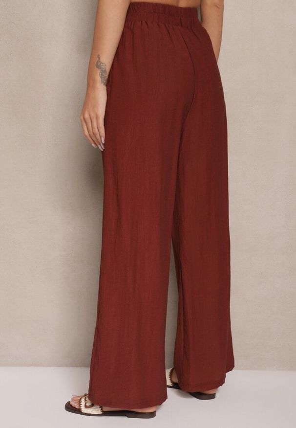Renee - Bordowe Wiskozowe Spodnie Palazzo High Waist z Lnem Linaselia. Stan: podwyższony. Kolor: czerwony. Materiał: len, wiskoza. Sezon: lato