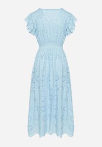 Born2be - Niebieska Ażurowa Sukienka z Kopertowym Dekoltem i Bufiastymi Rękawami Ldivane. Okazja: na co dzień, na imprezę. Kolor: niebieski. Wzór: ażurowy. Sezon: lato. Typ sukienki: kopertowe. Styl: casual #6