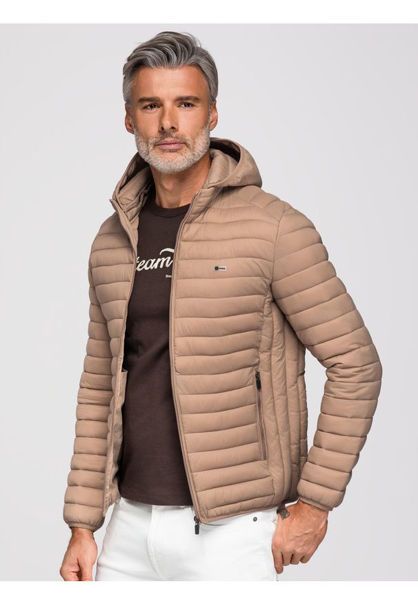 Ombre Clothing - Męska kurtka pikowana pakowana w worek - brązowa V4 - Rozmiar: M. Typ kołnierza: kołnierzyk stójkowy. Kolor: brązowy. Materiał: materiał, nylon, poliester