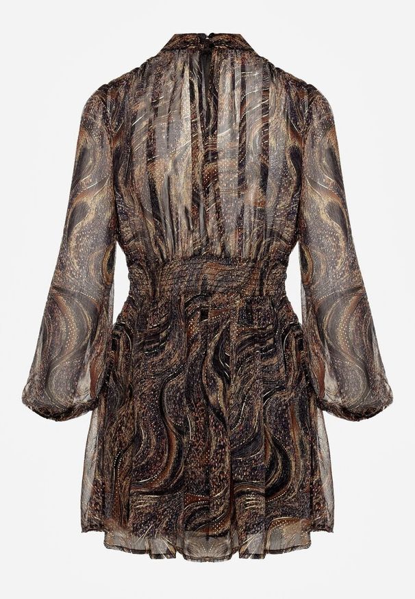 Renee - Czarno-Beżowa Taliowana Sukienka o Rozkloszowanym Kroju z Prześwitującymi Rękawami i Stójką Relabia. Okazja: na co dzień. Typ kołnierza: kołnierzyk stójkowy. Kolor: czarny. Typ sukienki: rozkloszowane. Styl: klasyczny, casual