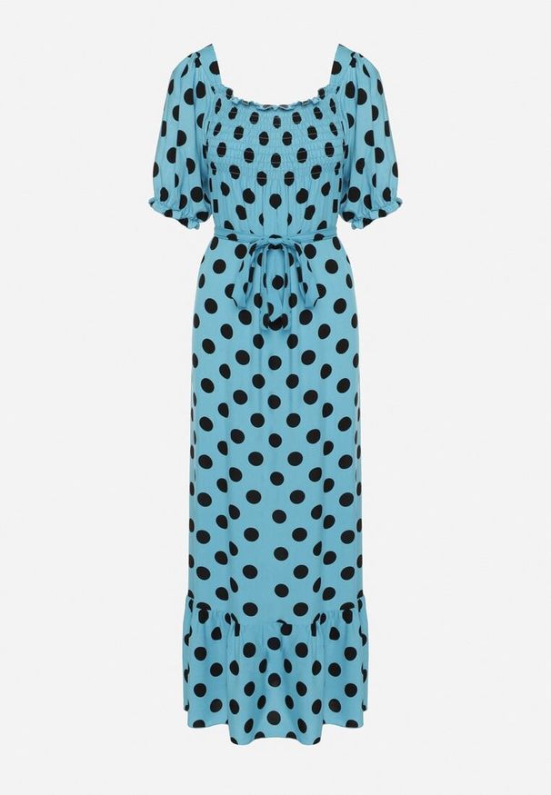 Born2be - Niebiesko-Czarna Sukienka z Bufiastymi Rękawami i Gumkami przy Dekolcie z Falbanką i Paskiem w Talii Tesree. Okazja: na co dzień. Typ kołnierza: dekolt kwadratowy. Kolor: niebieski. Materiał: bawełna, materiał. Styl: casual, retro