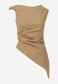 Born2be - Beżowa Bawełniana Bluzka o Asymetrycznym Marszczonym Kroju z Aplikacją Omphasia. Okazja: na co dzień. Kolor: beżowy. Materiał: bawełna. Wzór: aplikacja. Styl: casual, elegancki #7