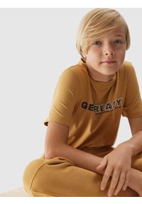 4f - T-shirt z nadrukiem chłopięcy - brązowy. Kolor: brązowy. Materiał: bawełna. Wzór: nadruk