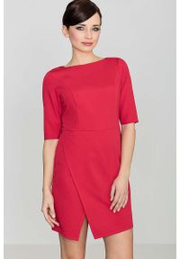 Katrus - Czerwona Elegancka Sukienka z Asymetrycznym Rozporkiem. Kolor: czerwony. Materiał: poliester, wiskoza. Typ sukienki: asymetryczne. Styl: elegancki #1