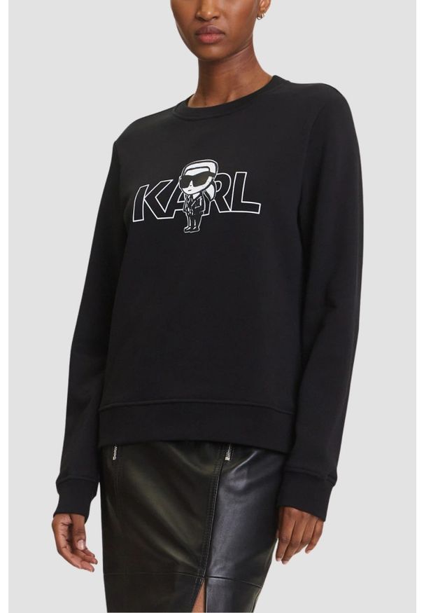 Karl Lagerfeld - KARL LAGERFELD Czarna bluza damska Ikon z nadrukiem, Rozmiar XS. Typ kołnierza: dekolt w karo. Kolor: czarny. Materiał: bawełna. Wzór: nadruk. Styl: klasyczny