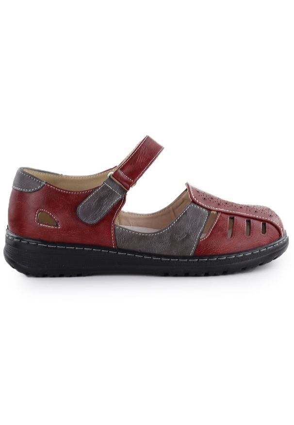 Półbuty damskie komfortowe na rzep ażurowe bordowe Unisoft 9955. Zapięcie: rzepy. Kolor: czerwony. Materiał: skóra ekologiczna. Wzór: ażurowy
