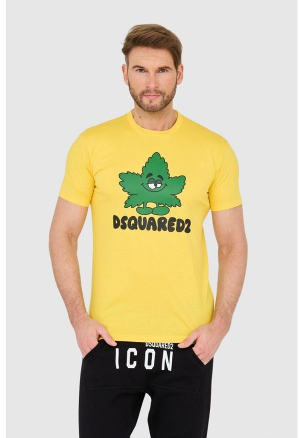 DSQUARED2 Żółty męski t-shirt z logo i zielonym liściem, Rozmiar S. Kolor: żółty