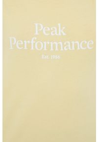 Peak Performance t-shirt bawełniany kolor żółty. Kolor: żółty. Materiał: bawełna. Długość rękawa: krótki rękaw. Długość: krótkie. Wzór: nadruk #3