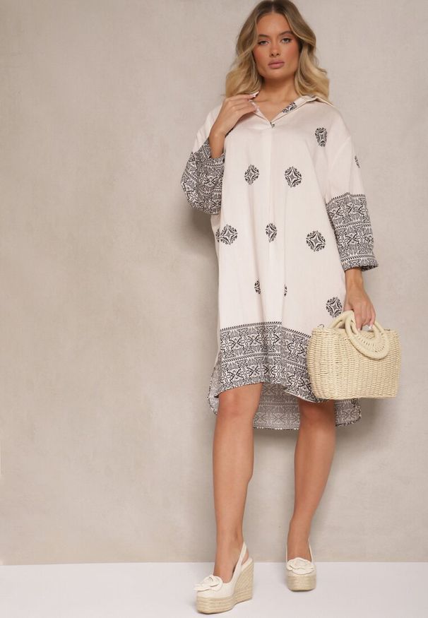 Renee - Beżowa Sukienka z Wiskozy w Abstrakcyjny Wzór Nalalith. Okazja: na co dzień. Kolor: beżowy. Materiał: wiskoza. Typ sukienki: proste. Styl: casual, klasyczny