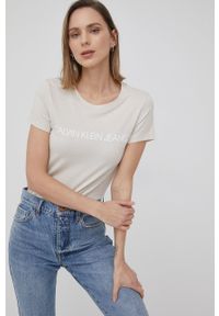 Calvin Klein Jeans T-shirt bawełniany (2-pack) kolor beżowy. Kolor: beżowy. Materiał: bawełna. Wzór: nadruk