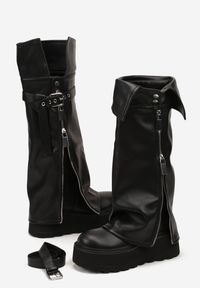 Renee - Czarne Kozaki w Stylu Grunge na Grubej Podeszwie z Wywijaną Cholewką Olentie. Okazja: na co dzień. Zapięcie: klamry. Kolor: czarny. Materiał: skóra. Szerokość cholewki: normalna. Styl: casual #4
