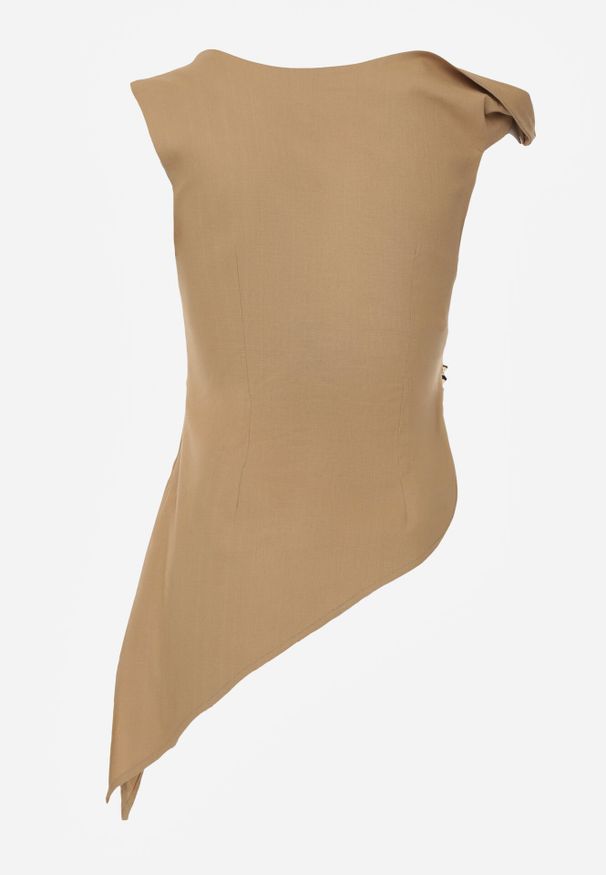 Born2be - Beżowa Bawełniana Bluzka o Asymetrycznym Marszczonym Kroju z Aplikacją Omphasia. Okazja: na co dzień. Kolor: beżowy. Materiał: bawełna. Wzór: aplikacja. Styl: casual, elegancki