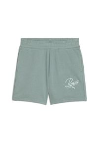 Puma - Damskie szorty z wysokim stanem ESS SCRIPT 5" PUMA Green Moon. Stan: podwyższony. Kolor: zielony