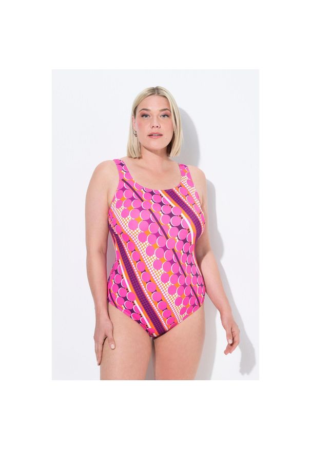ULLA POPKEN - Damski Strój kąpielowy kropki bez miękkich miseczek okrągły dekolt. Kolekcja: plus size. Kolor: różowy. Materiał: poliamid, poliester, materiał, elastan. Wzór: kropki