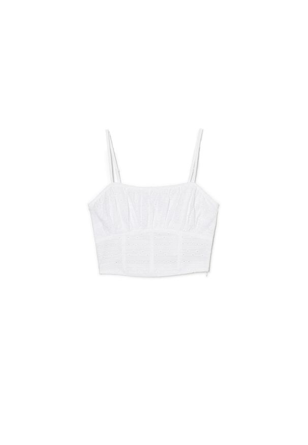 Cropp - Biały crop top - Biały. Typ kołnierza: dekolt gorset. Kolor: biały. Materiał: bawełna, tkanina. Długość rękawa: na ramiączkach. Długość: krótkie. Wzór: ażurowy