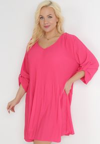 Born2be - Różowa Rozkloszowana Sukienka Mini z Plisowaniem Telesi. Kolekcja: plus size. Kolor: różowy. Długość rękawa: długi rękaw. Typ sukienki: dla puszystych. Długość: mini