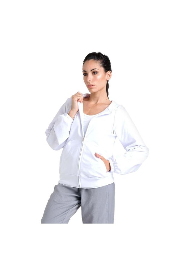 LEONE 1947 APPAREL - Błyszcząca damska bluza z kapturem zapinana na zamek. Typ kołnierza: kaptur. Kolor: biały. Materiał: tkanina. Sport: fitness