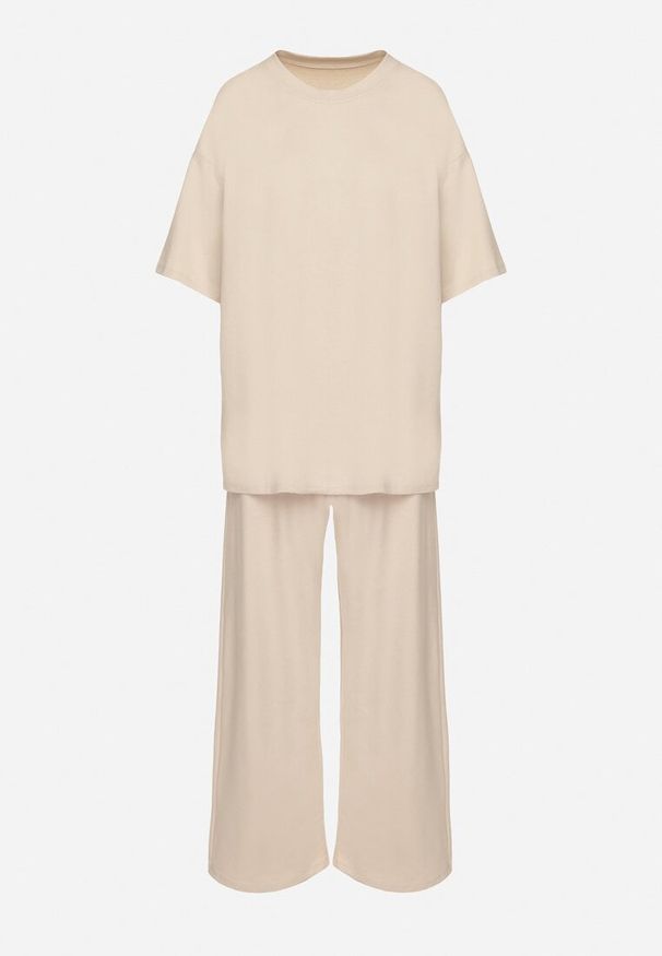 Born2be - Beżowy Bawełniany Komplet Szerokie Spodnie i T-shirt z Rozcięciami Norpio. Kolor: beżowy. Materiał: bawełna